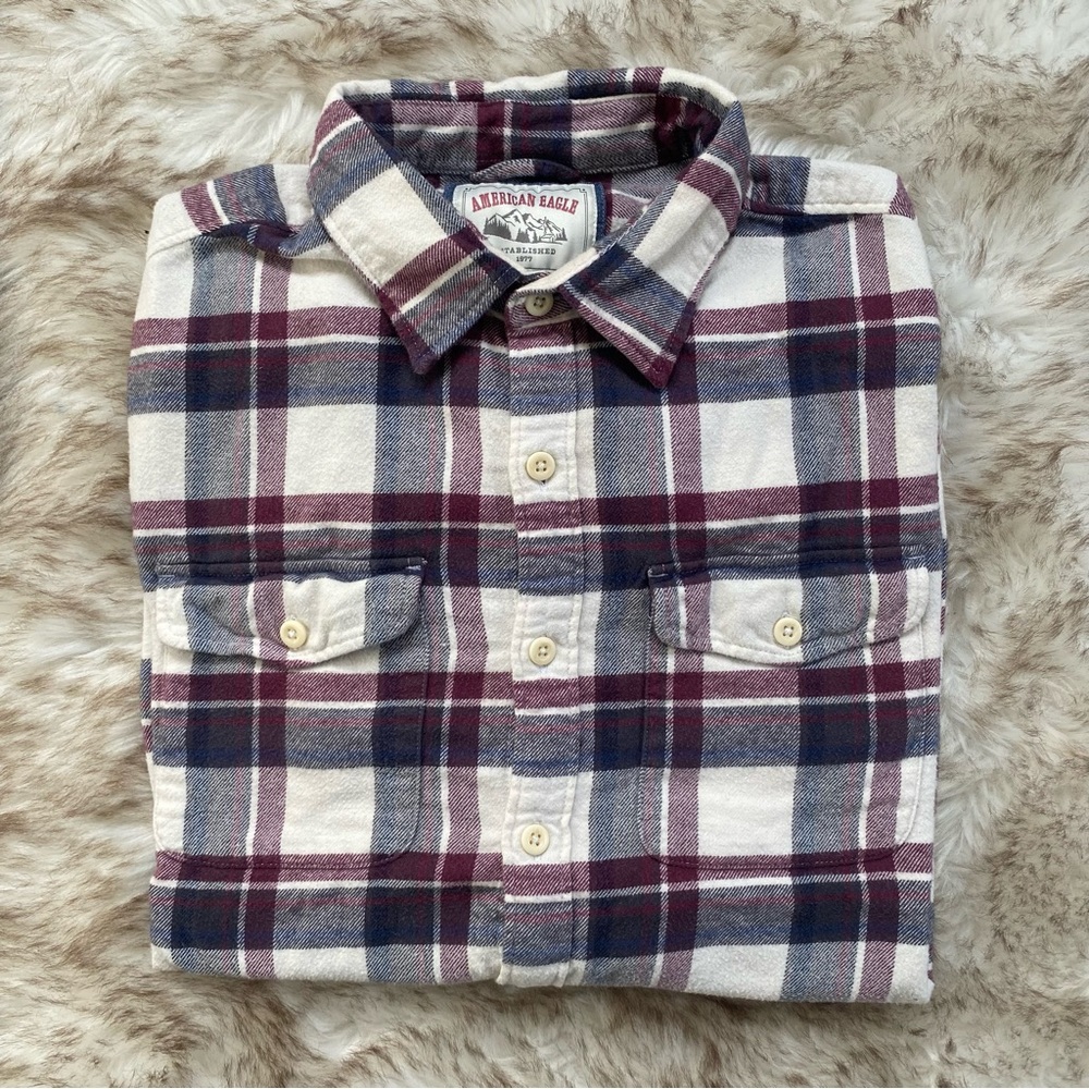 American Eagle Burgundy & Navy Plaid Flannel